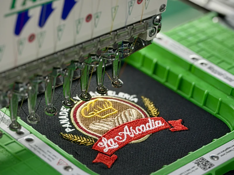 Logo de La Arcadia bordándose en el bastidor